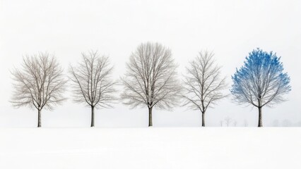 Snow-covered winter landscape with frost-kissed trees under a blue sky, a serene scene of nature's cold embrace