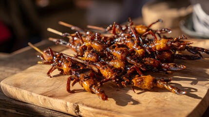 Fototapeta premium Skewers of grilled scorpions glazed with spicy honey sauce