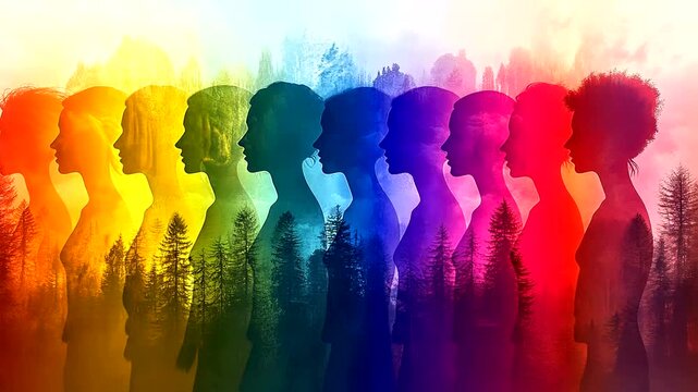 Colorful human silhouettes with trees representing diversity and interconnectedness concept