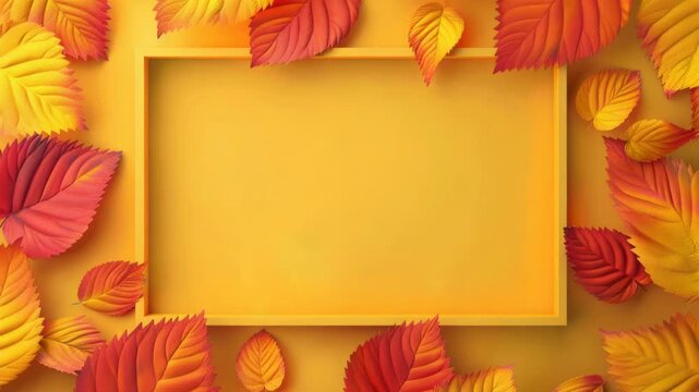 A yellow frame surrounded by fallen autumn leaves