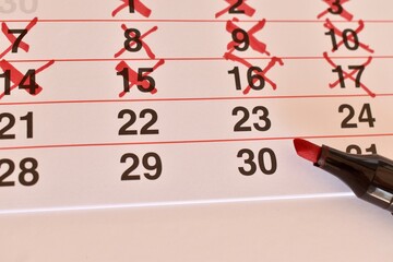 Calendar with several days crossed out in red. Concept of countdown, anticipation, and important dates.
