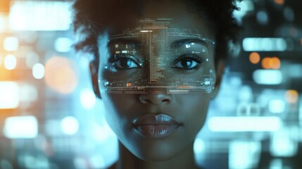 African American woman with digital facial overlay, showcasing futuristic technology and data visualization, representing innovation and the intersection of humanity and technology in a modern environ