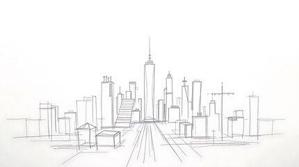 A hand-drawn sketch of a smart city, abstract technology, rough lines, textured pencil strokes, white background, gentle soft light, diffused shadows, subtle illumination