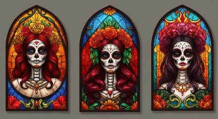 Fototapeta premium Day of the dead drawings. Stylized Stained Glass Art of Calavera Figures with Flowers