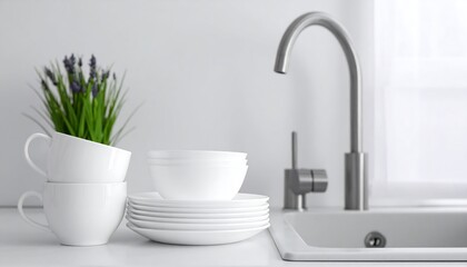 Clean white dishes near kitchen sink.