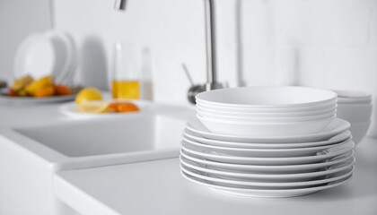 Clean white dishes stacked near kitchen sink.