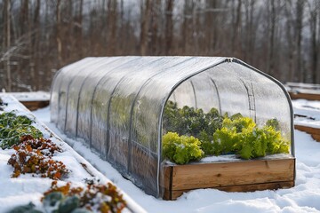 Winter Garden with Polycarbonate-Covered Vegetable Bed and Snow-Covered Ground with Growing Lettuce Inside