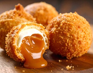 Caramel-filled pastries on a wooden board