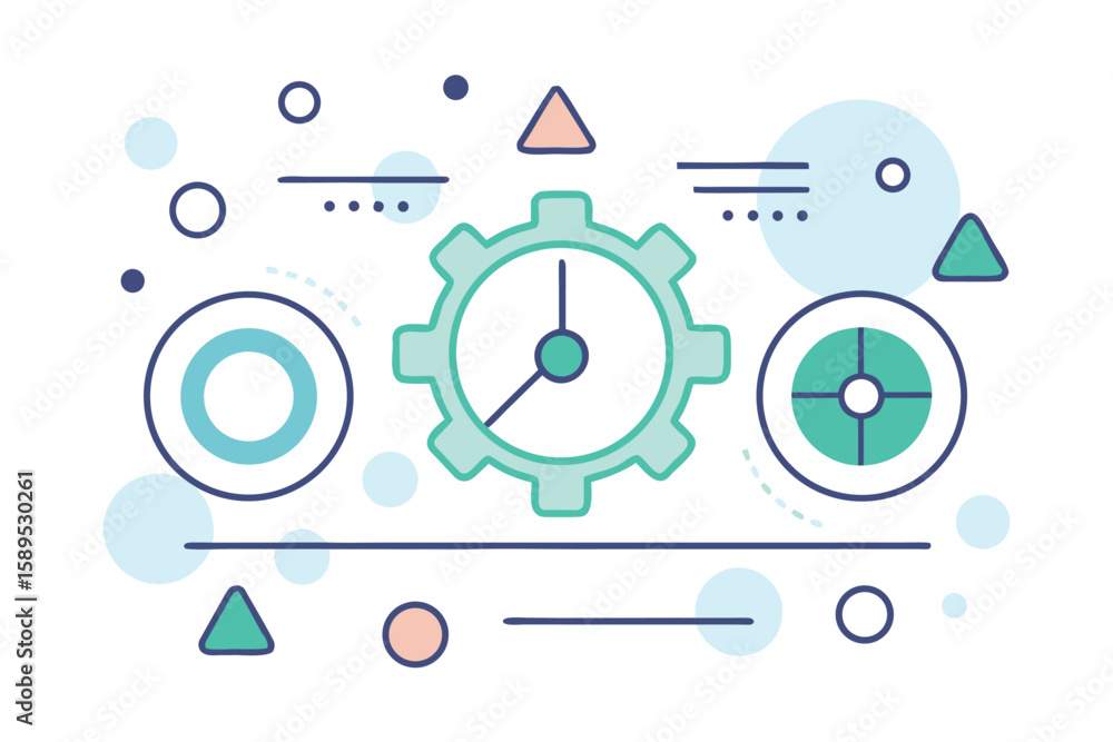 Poster abstract graphic design composed of geometrical shapes representing workflow and process dynamics