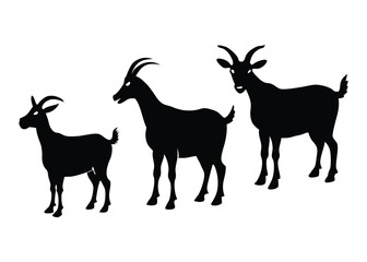 Various goat silhouettes set isolated flat vector illustration on white background.