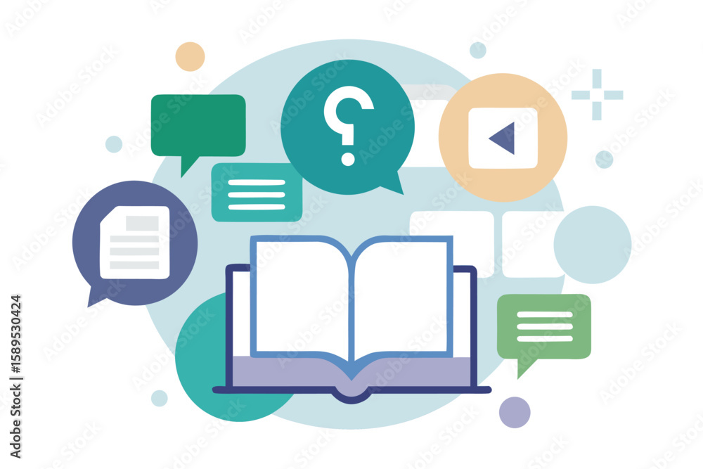 Poster abstract illustration featuring an open book surrounded by speech bubbles icons and learning resourc