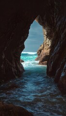 Wide-angle view of a rocky cavern leading to ocean with turquoise waves reflecting sunlight under soft morning rays