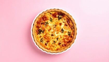 Baked quiche in white pan on pink background