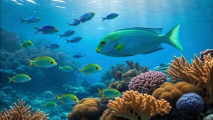 A vibrant coral reef ecosystem teeming with colorful fish swimming in clear blue ocean water