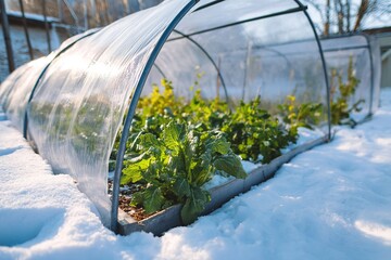 Winter Garden with Polycarbonate-Covered Vegetable Bed and Snow-Covered Ground with Growing Lettuce Inside