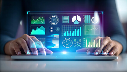 Futuristic digital interface displaying financial charts and graphs data analysis technology
