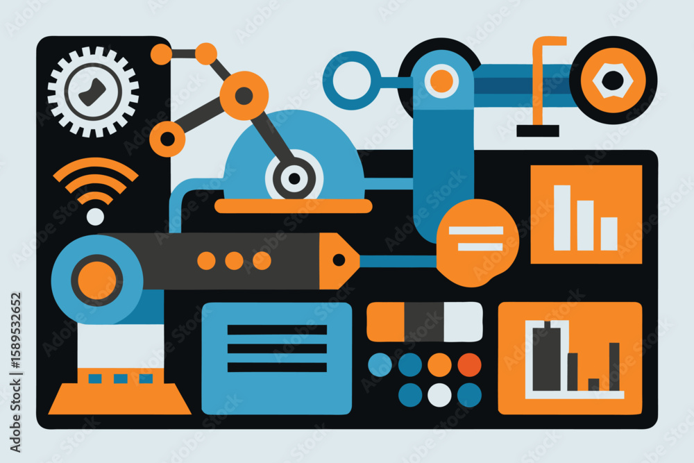 Poster abstract technological illustration depicting data processing and information flow in a modern indus