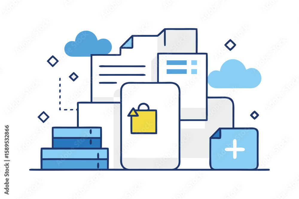 Aufkleber cloud computing data storage and digital shopping concept illustrated with simplified icons and mode