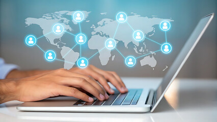 Global network connections visualized over world map with hands typing on laptop digital connections