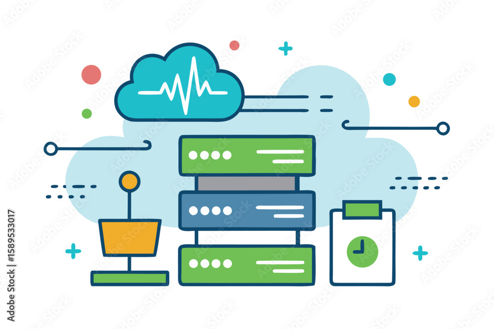 Poster cloud computing server illustration shows network connection with server equipment, flat design vect