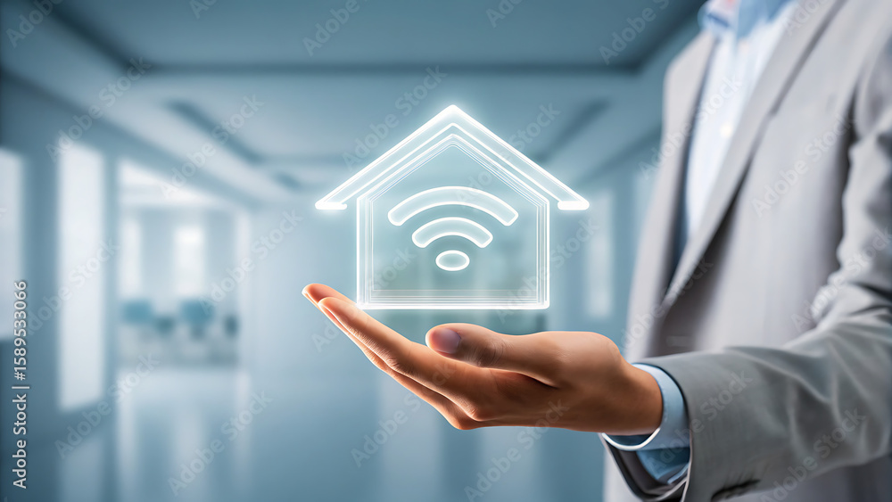 Aufkleber glowing house with wifi symbol held in open palm technology connection
