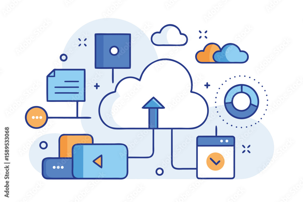 Poster cloud computing illustration representing data transfer security and workflow processes with blue an