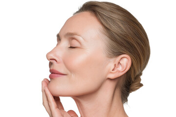 Side profile of serene mature woman with closed eyes isolated on transparent png background