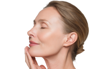 Side profile of serene mature woman with closed eyes isolated on transparent png background