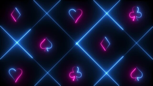 Neon playing cards glowing on black background animated graphic. Abstract animation background. Concept of online.