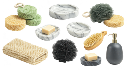 Photo of a collection of bath and body accessories including soap dishes, sponges, and brushes isolated on transparent background
