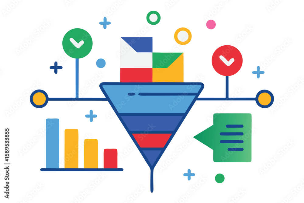Poster colorful funnel diagram representing data analysis and sales conversion with graphic elements on whi