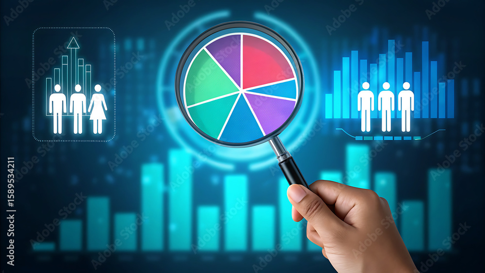 Poster hand holding magnifying glass over colorful pie chart with data visualization analysis
