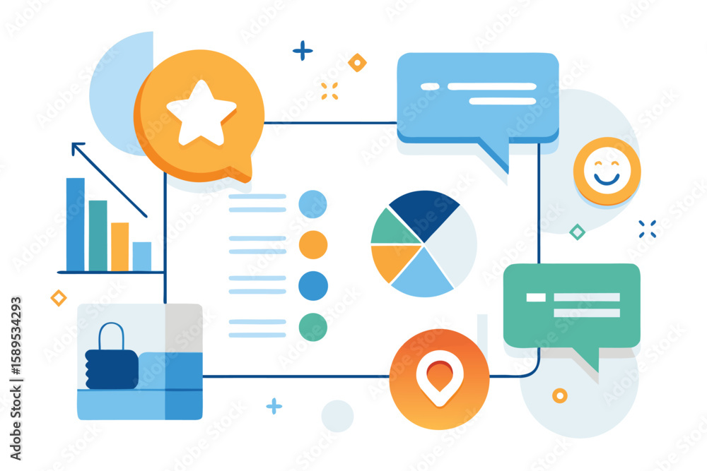 Poster colorful vector illustration depicting data analysis charts graphs and communication elements
