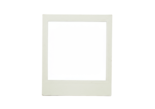 Empty, distressed vintage-style polaroid instant film frame with off-white, creased, and worn edges, featuring a blank square, isolated against a transparent background with ample copy space,