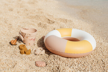 Kids Beach Stuff, Scandinavian Aesthetiсs. A stylish set of pastel-toned kids beach toys: a retro...