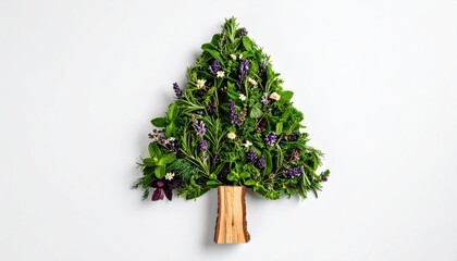 A Christmas tree shape made of various herbs and spices