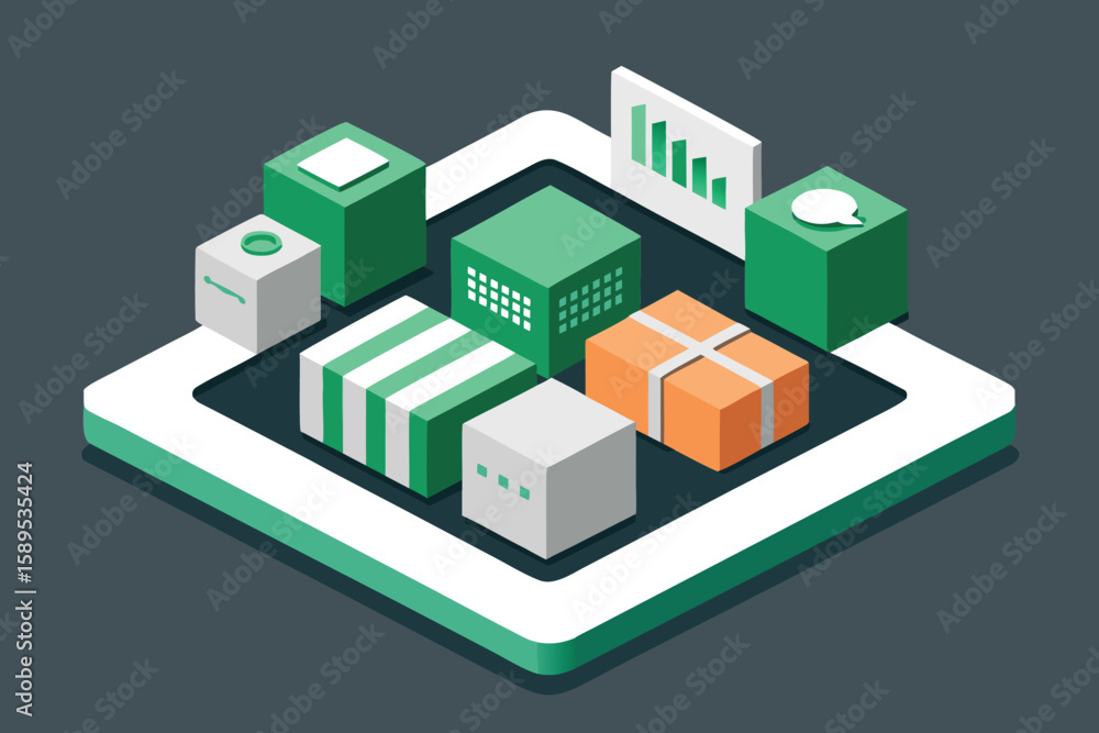 Poster conceptual isometric illustration of data analysis and communication elements with geometric shapes 