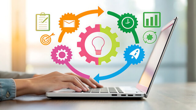Hands typing on laptop with colorful business process diagram technology