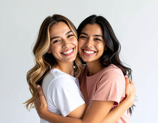Dos mujeres buenas amigas abrazadas felices y sonrientes en el dia internacional del abrazo