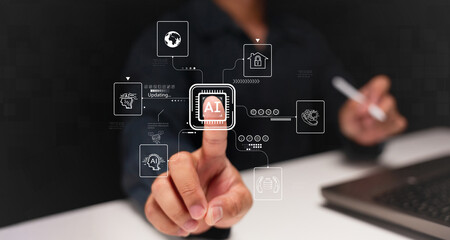 Obraz premium A person interacts with a digital interface featuring AI and technology-related icons connected in a network.
