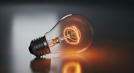 Glowing incandescent light bulb on a reflective dark surface