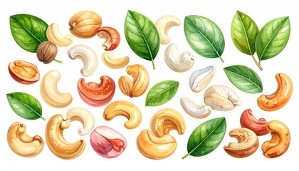 Assorted nuts and leaves. Colorful nut collection