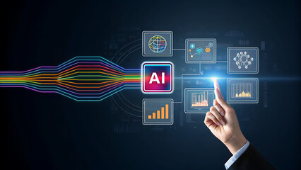 Human hand interacting with artificial intelligence interface displaying data and network connections