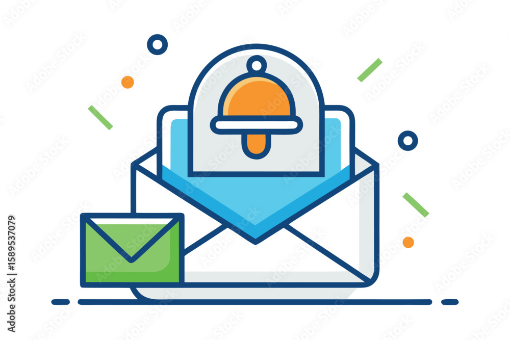 Poster email notification icon with a bell in open envelope illustrating message alerts or announcements