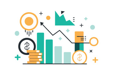 Financial growth representation with bar graphs and dollar symbols in a modern flat design style illustration