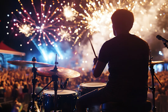 Drummer performing at a concert with fireworks in the background for a lively atmosphere. Music is a vibe!