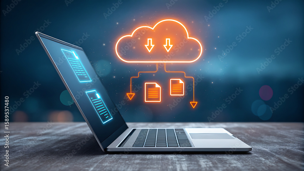 Poster laptop displaying digital cloud data transfer with glowing icons image
