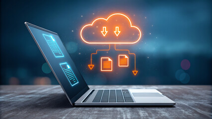 Laptop displaying digital cloud data transfer with glowing icons image