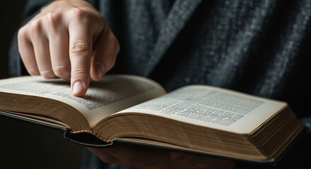Fototapeta premium Reading an old book, finger pointing at the text