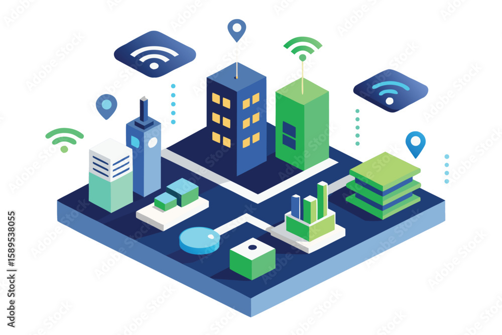 Poster isometric illustration of a smart city showing wireless network and connected buildings with locatio